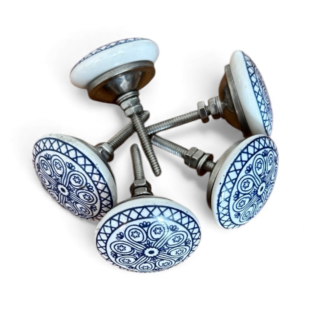 Set of Cream and Navy Ceramic Dresser Knobs